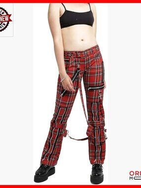 Gothic bondage pants with removable chains, adjustable ankles, slim fit